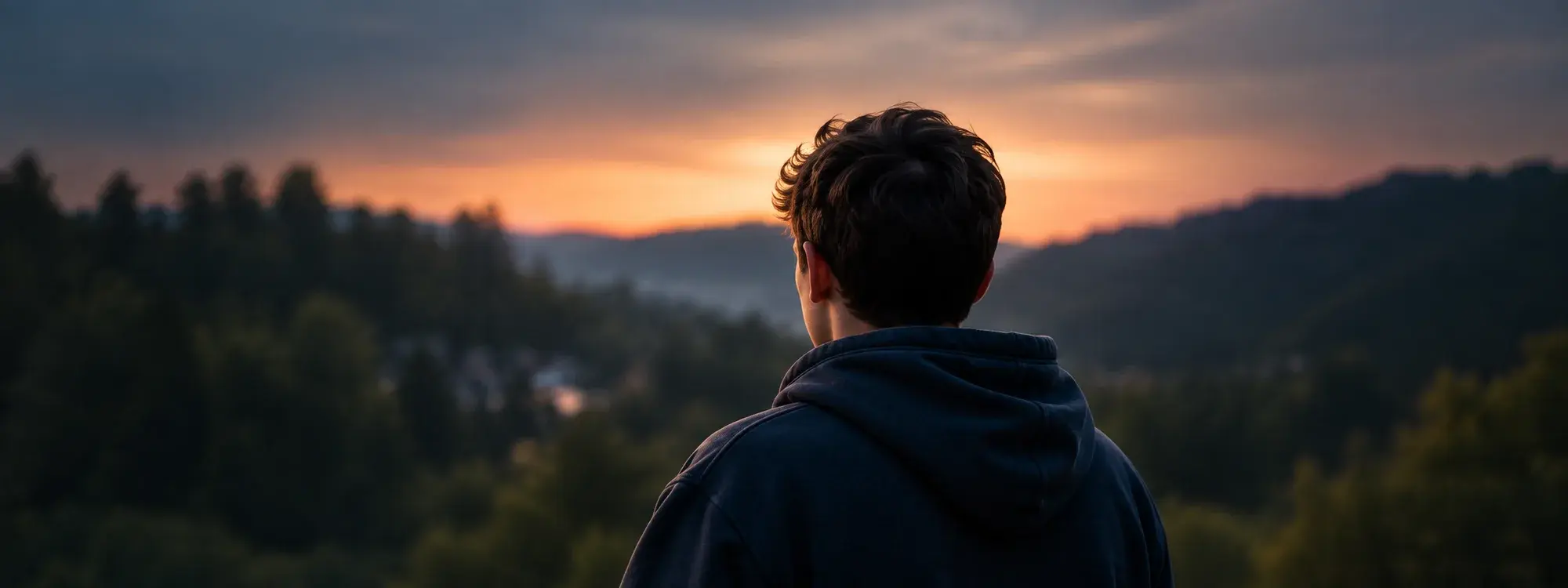 A young person looking towards a distant landscape at sunset