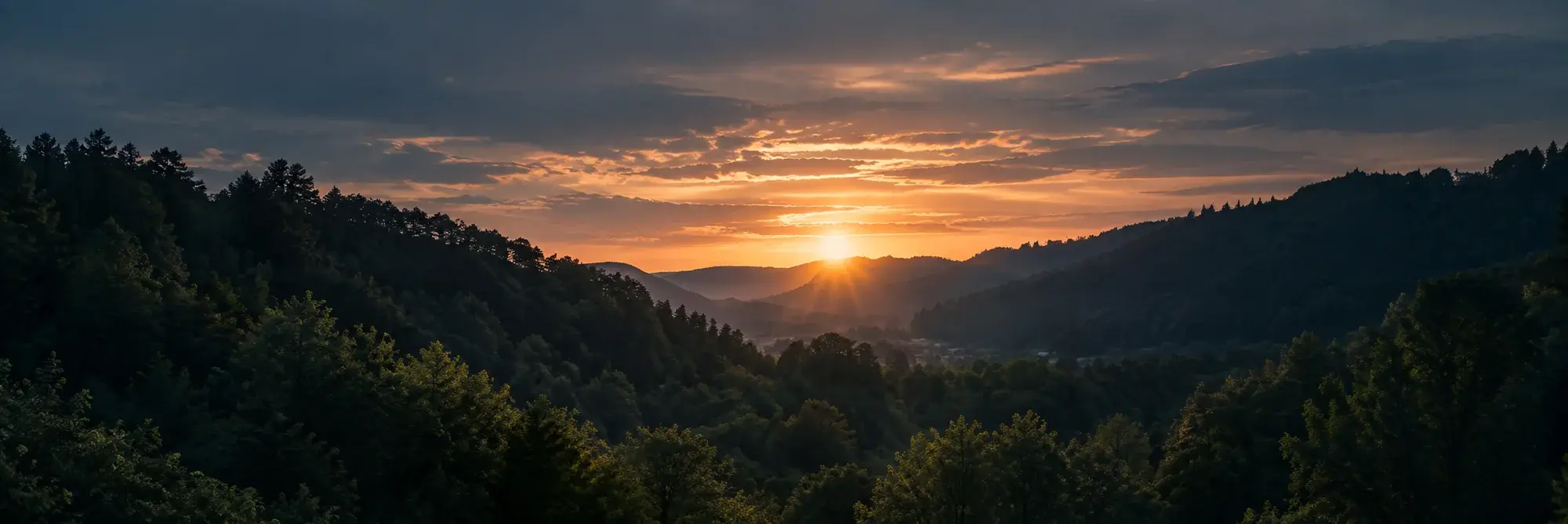 Sunrise over a wide wooded valley