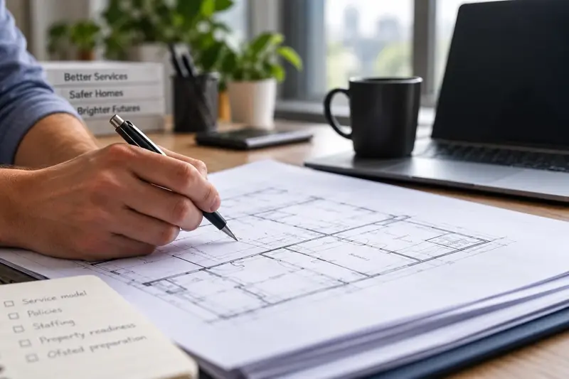 A consultant planning a new children's residential service using property drawings and a readiness checklist